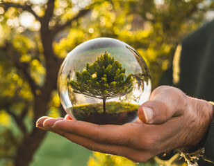 Human hand holding glass ball with tree inside. Environment conservation concept. High quality photo