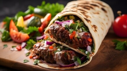 Turkish and Arabic Traditional Ramadan Adana Kebab Roll Wrap serving with yogurt, aubergine salad...