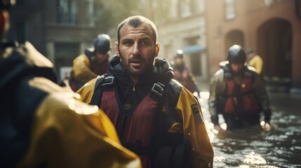 Fototapeta premium Volunteer rescuer helping people in flood victims, natural disaster, climate change.