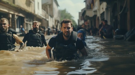Volunteer rescuer helping people in flood victims, natural disaster, climate change.