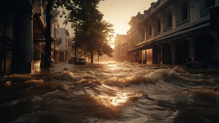 Great flood in the city, flooding after heavy storm, climate change.