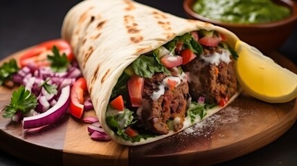 Turkish and Arabic Traditional Ramadan Adana Kebab Roll Wrap serving with yogurt, aubergine salad and hot pepper pickles on rustic wooden background. - obrazy, fototapety, plakaty