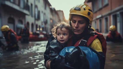 Volunteer rescuer helping people in flood victims, natural disaster, climate change.