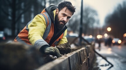 Volunteer man build barriers to prevent flooding, Protecting the city , Flood protection.