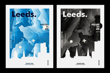 UK Leeds city poster pack with abstract skyline, cityscape, landmark and attraction. West Yorkshire England  travel vector illustration layout set for vertical brochure, website, flyer, presentation