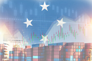 Federated States of Micronesia flag with containers in ship. trade graph concept illustrate poster design. - obrazy, fototapety, plakaty
