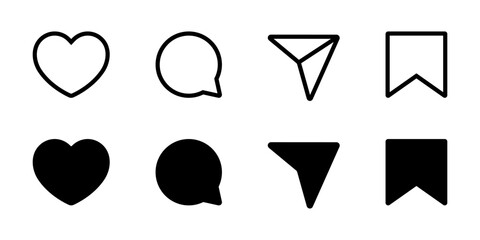 Like, comment, share, and save icon vector of social media. Love, speech bubble, paper plane, favorite sign symbol