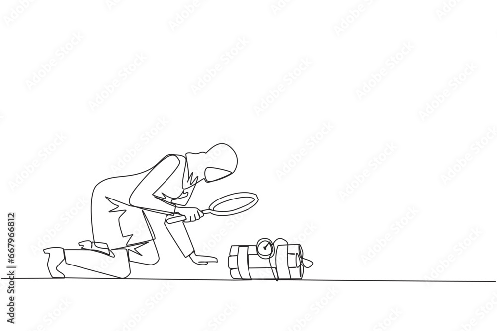 Aufkleber single continuous line drawing arabian businesswoman holding magnifying glass look at dynamite has a