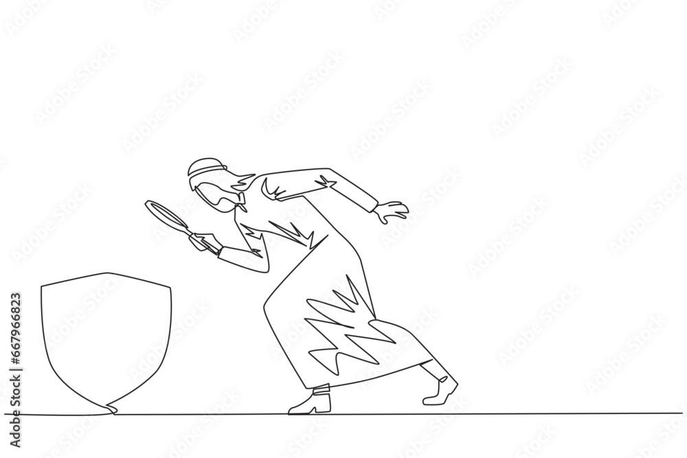 Poster continuous one line drawing of arabian businessman holds magnifying glass look at shield. establish 