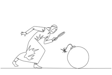 Single continuous line drawing Arabian businessman holding magnifying glass look at large bomb with a burning fuse. Preventing explosions like preventing business destruction. One line design vector