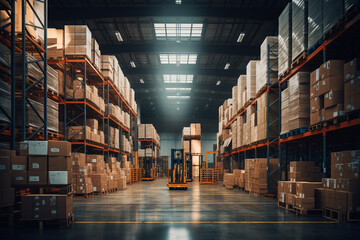 Business, transportation, logistics concept. Industrial distribution warehouse depot full of long and high racks with boxes