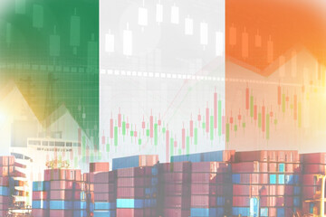 Côte dIvoire flag with containers in ship. trade graph concept illustrate poster design