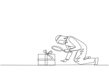 Continuous one line drawing Arabian businessman holding magnifying glass look at gift box. Assign bonuses to employees have high dedication to the company. Single line draw design vector illustration