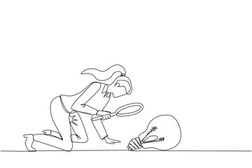 Continuous one line drawing businesswoman holding magnifying glass look at lightbulb. Requires a brilliant idea to expand its business overseas. Metaphor. Single line draw design vector illustration