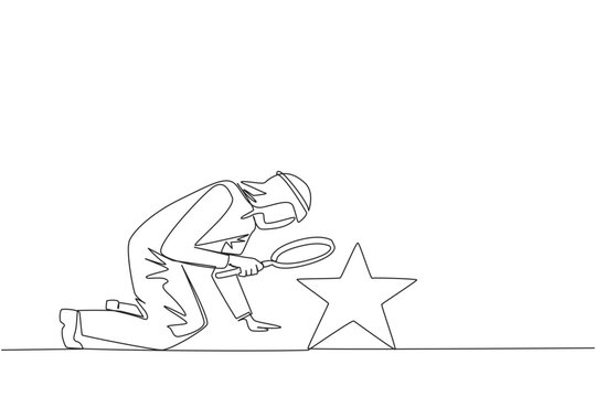 Continuous one line drawing Arabian businessman holds magnifying glass look at stars. The high star is the ultimate goal of business level. Reach dreams. Single line draw design vector illustration