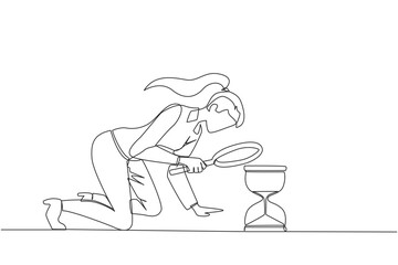 Single one line drawing businesswoman holding magnifying glass looking at hourglass. Businesswoman lack of time to running a business. Bad time management. Continuous line design graphic illustration