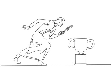 Fototapeta premium Single continuous line drawing of Arabian businessman holding magnifying glass looking at trophy. Long journey of running a business pays off by finding trophy as reward. One line vector illustration