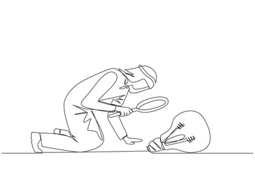 Single continuous line drawing Arabian businessman holding magnifying glass look at lightbulb. Requires a brilliant idea to expand its business overseas. Metaphor. One line design vector illustration