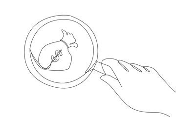 Continuous one line drawing of big hand holding magnifying glass highlights money bag. Focus on business goals to be achieved. A number of money bags will come. Single line design vector illustration