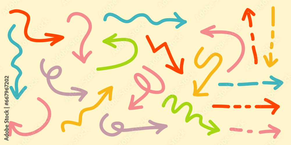 Poster various doodle arrows colorful with direction pointers shapes and objects. hand drawn vector illustr