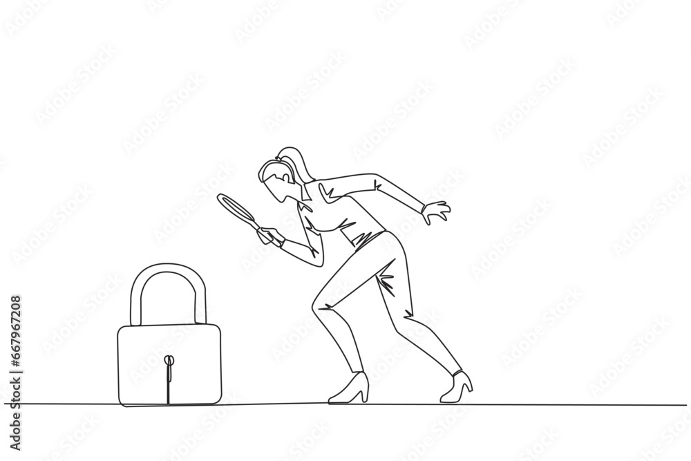 Aufkleber continuous one line drawing businesswoman holds magnifying glass look at padlock. looking ways to pr