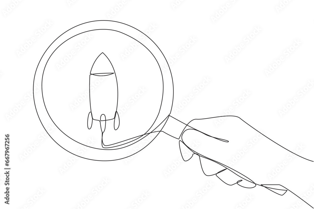 Poster continuous one line drawing of big hand holding magnifying glass highlights the rocket. make observa