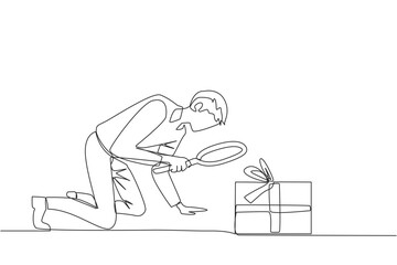 Single continuous line drawing of businessman holding magnifying glass highlights gift box. Assign bonuses to employees have high dedication to the company. Prize. One line design vector illustration