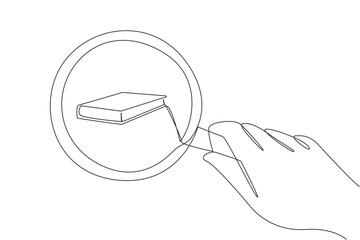 Single one line drawing of big hand holding magnifying glass highlighting book. Like a detective, an entrepreneur is looking for books to grow business. Continuous line design graphic illustration