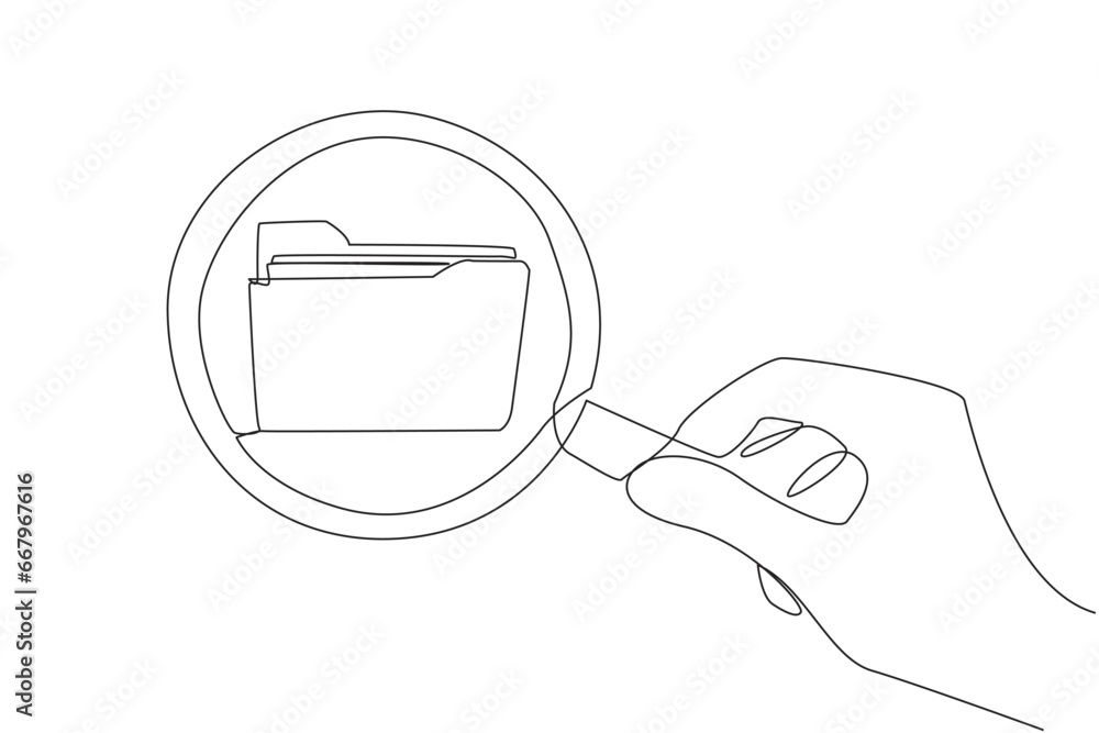 Poster single continuous line drawing big hand holding magnifying glass highlights the folder icon. explora