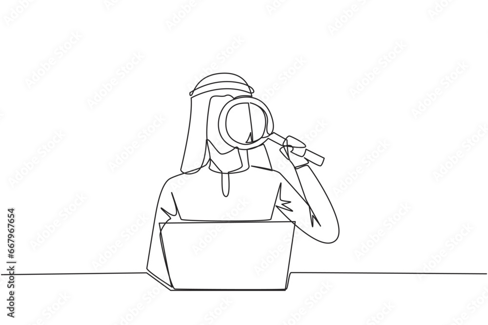 Poster single continuous line drawing of arabian businessman is typing in front of laptop computer holding 