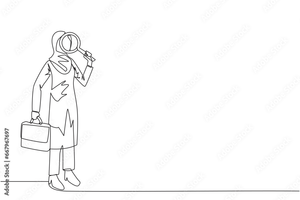 Poster single continuous line drawing arab businesswoman stood holding magnifier and the other holding a br