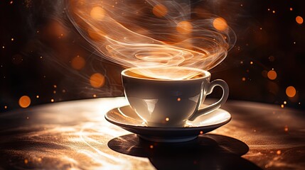 Cup of coffee with swirling  steam. Long exposure with bokeh lights in background.