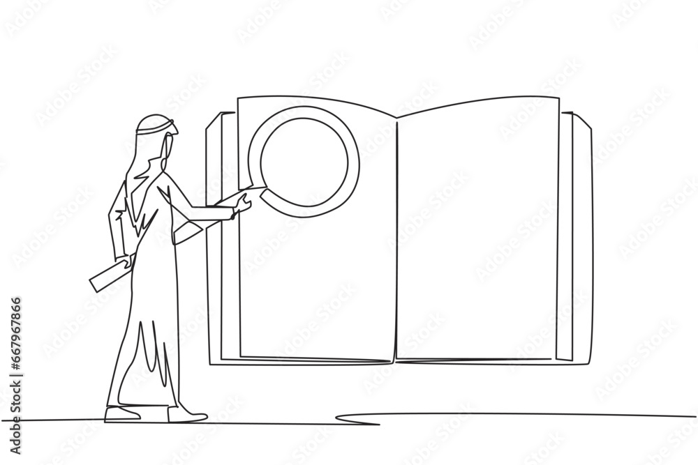 Poster continuous one line drawing of arab businessman stood holding the magnifier and checked big open boo