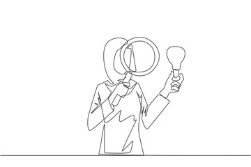 Single one line drawing Arabian businesswoman inspects lightbulb she holds with a magnifier. Analyze existing ideas and select them for new business needs. Continuous line design graphic illustration