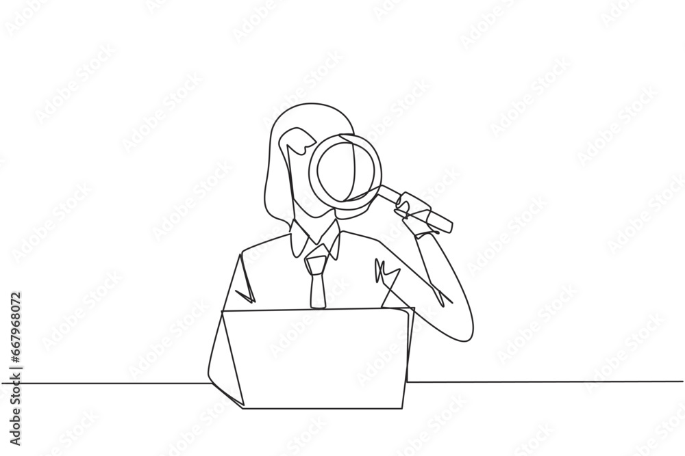Poster single continuous line drawing of businesswoman is typing in front of a laptop computer holding a ma