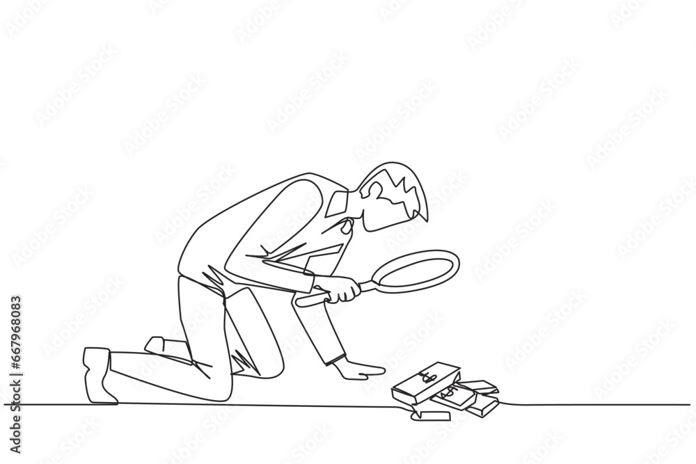 Poster single continuous line drawing businessman looked down examining piles of banknotes with magnifiers.