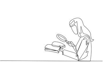 Continuous one line drawing businesswoman holds the book and examines it with the magnifier. Businesswoman re-reads scientific studies so that his business avoids bankruptcy. Single line draw vector