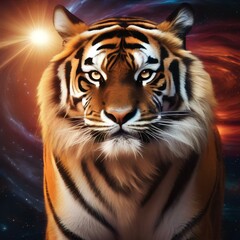 An immense, star-forged tiger with fur resembling solar flares, prowling the cosmic wilderness5