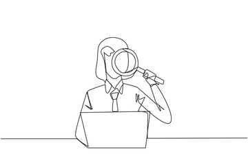 Single continuous line drawing of businesswoman is typing in front of a laptop computer holding a magnifier. Modern business at this time can be done anytime and anywhere. One line vector illustration