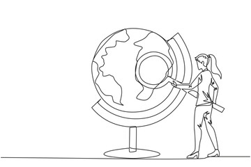 Single one line drawing of businesswoman stood holding the magnifier and inspected the globe. Map out good territory to create and develop new ventures. Continuous line design graphic illustration