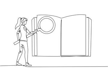 Single continuous line drawing businesswoman stood holding magnifier and checked the open book. Looking for valid information and data so that the business grows. One line design vector illustration