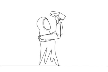Single continuous line drawing Arab businesswoman stood holding and turning an empty wallet. Woman who go bankrupt in running business. Don't have any money at all. One line design vector illustration