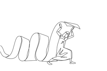 Single continuous line drawing Arabian businessman held long roll of billing paper with shoulders. Bear and keep paying amount of bills so the business continues to run. One line vector illustration