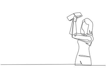 Single continuous line drawing of businesswoman stood holding and turning an empty wallet. Woman who go bankrupt in running a business. Don't have any money at all. One line design vector illustration