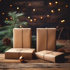 Gift boxes on a wooden table in front of a Christmas tree