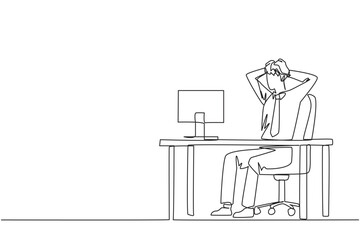Single one line drawing of stressful businessman sitting in work chair is holding his head with both hands. In front of monitor face the reality of many unpaid bills. Continuous line design graphic