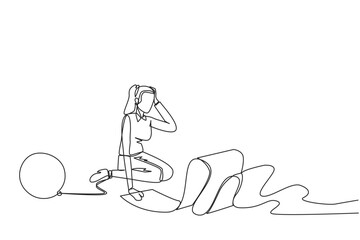 Single continuous line drawing businesswoman sits on the floor and feet are chained by a steel ball while holding a billing paper. Fooled by loan sharks. Collapsed. One line design vector illustration