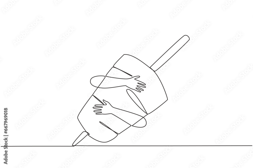 Poster continuous one line drawing of hands hugging kebab. grilled meat dishes that are skewered using skew