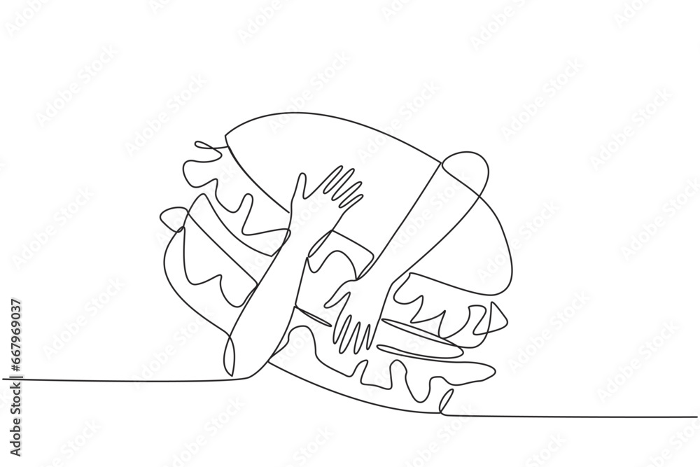Poster single one line drawing of hands hugging burger. food in the form of a loaf of bread containing chop