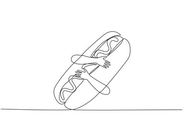 Single continuous line drawing of hands hugging hot dog. Cooked long sausages are served with buns and then topped with pieces of lettuce, tomato, onion. Fast food. One line design vector illustration